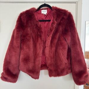 Sezane Burgundy Faux Fur Cropped Jacket